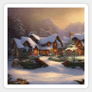 Magical Fantasy House with Lights in a Snowy Scene, Fantasy Cottagecore artwork Magnet